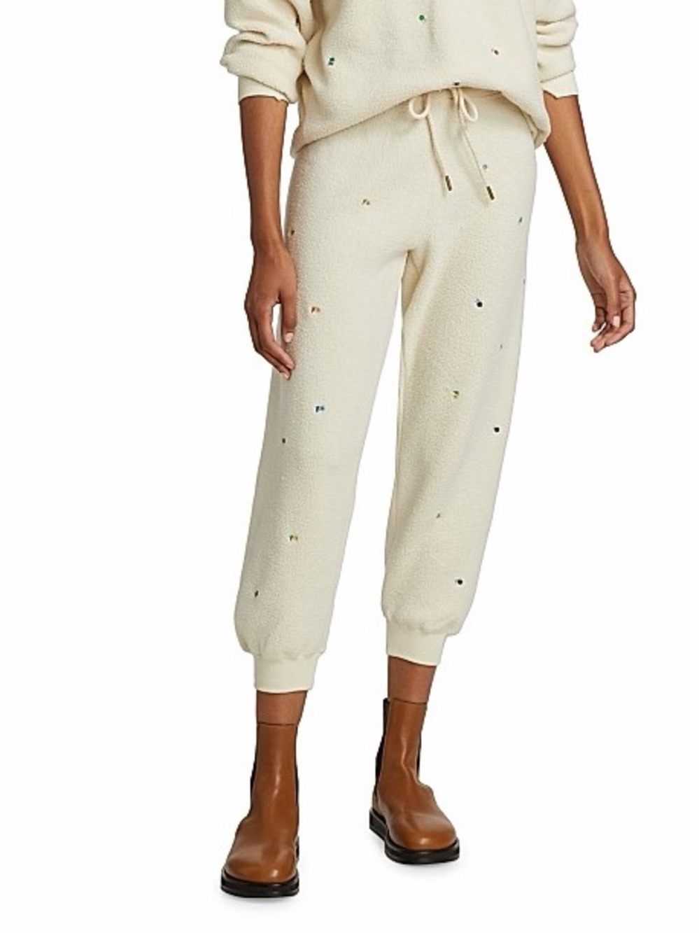 THE GREAT. Faux Shearling Cropped Sweatpants Joggers Cream w Embroidered Floral
